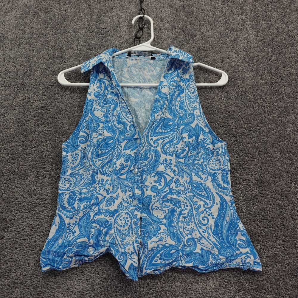 Zara Sleeveless Top Womens Medium Blue Paisley Button Front Collared V Neck